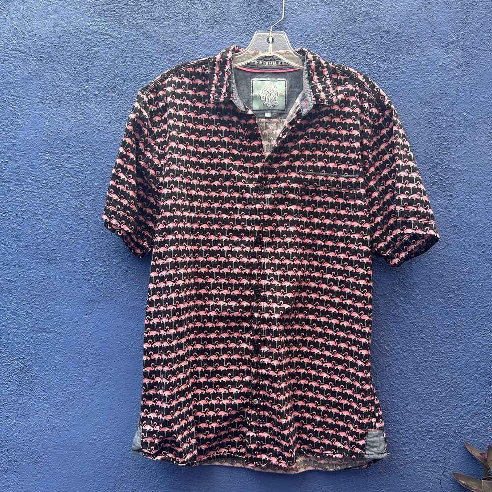 good vibes by drill slim fitting pink flamingo short sleeve button up